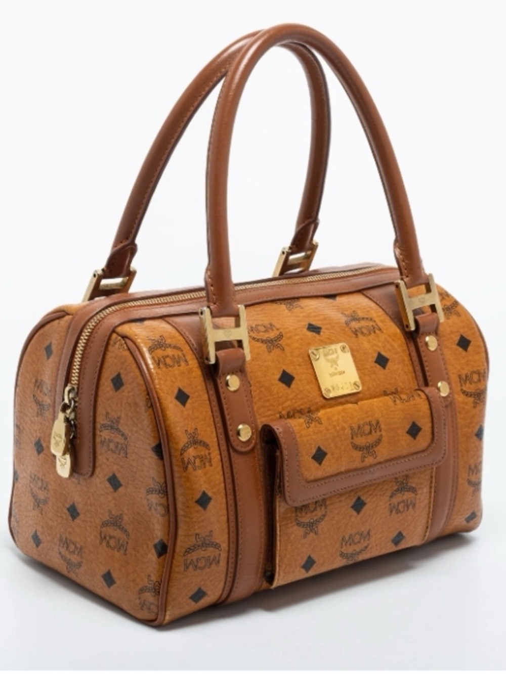 MCM Brown Visetos Boston Satchel with Gold Hardware